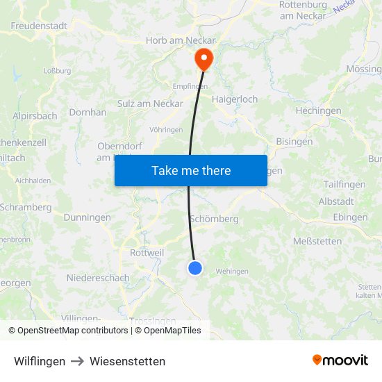 Wilflingen to Wiesenstetten map