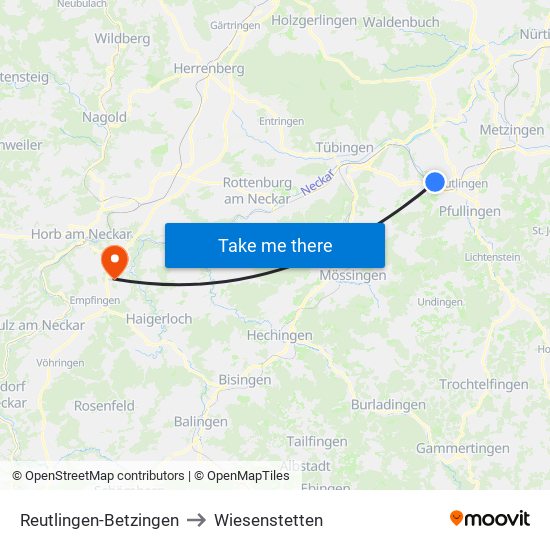 Reutlingen-Betzingen to Wiesenstetten map