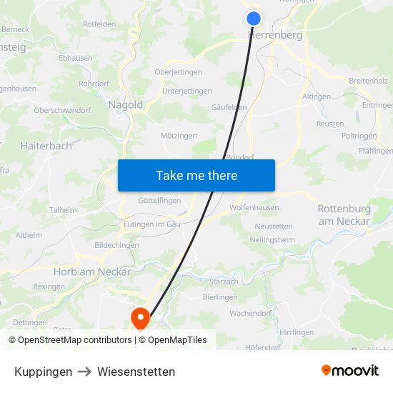 Kuppingen to Wiesenstetten map