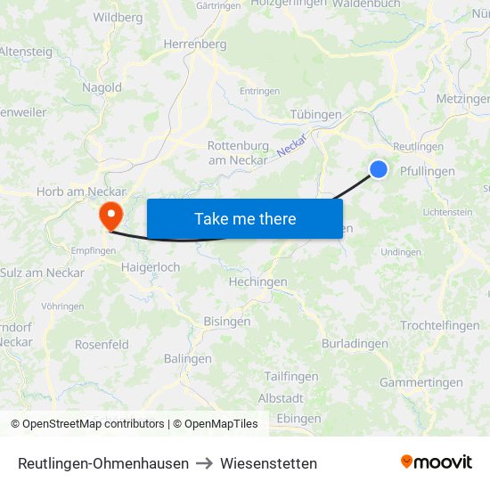 Reutlingen-Ohmenhausen to Wiesenstetten map