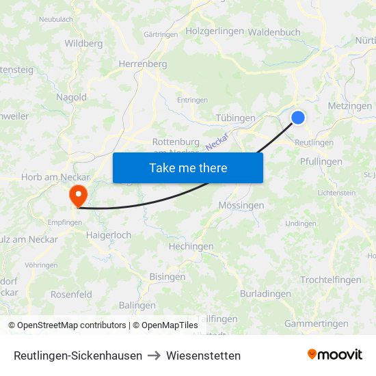 Reutlingen-Sickenhausen to Wiesenstetten map