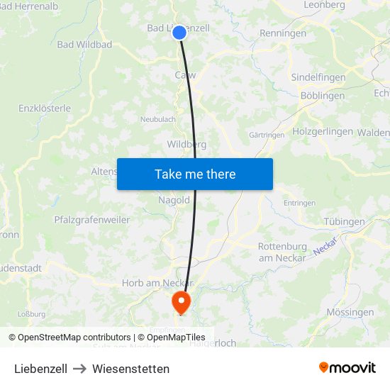 Liebenzell to Wiesenstetten map