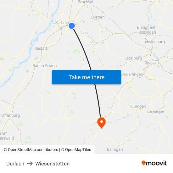 Durlach to Wiesenstetten map