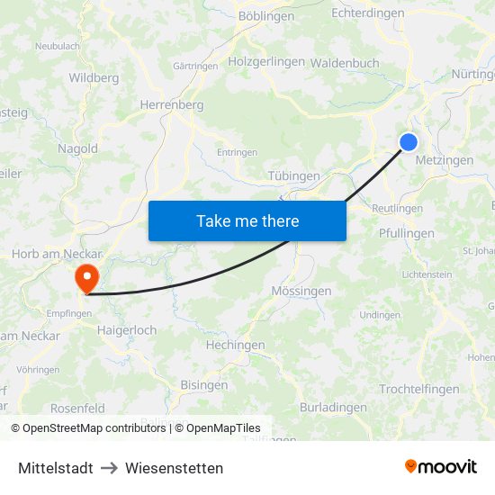 Mittelstadt to Wiesenstetten map