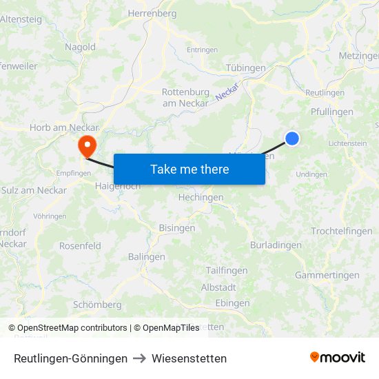 Reutlingen-Gönningen to Wiesenstetten map