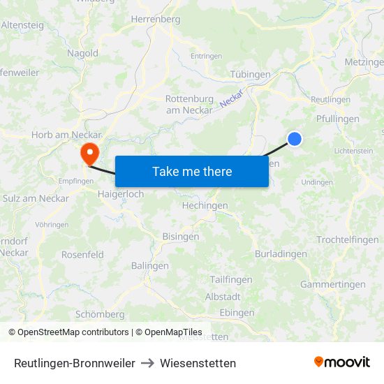 Reutlingen-Bronnweiler to Wiesenstetten map