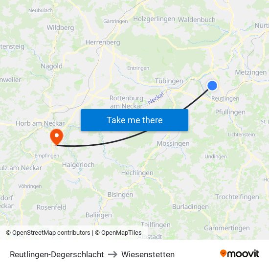 Reutlingen-Degerschlacht to Wiesenstetten map