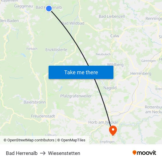 Bad Herrenalb to Wiesenstetten map