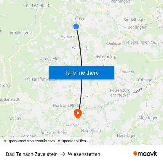 Bad Teinach-Zavelstein to Wiesenstetten map