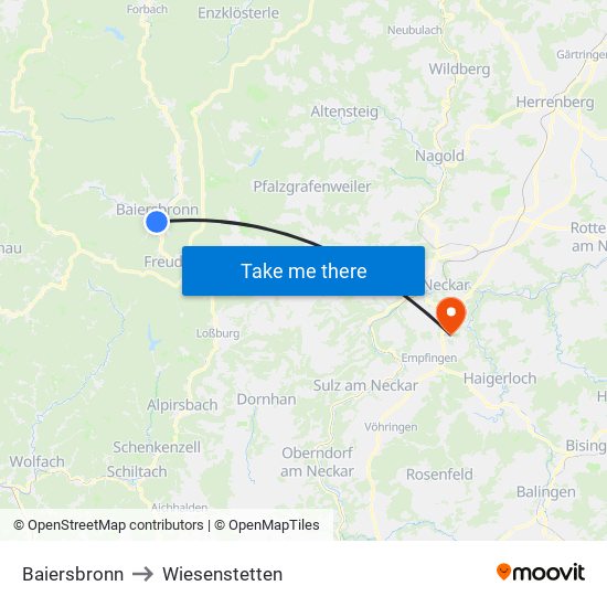 Baiersbronn to Wiesenstetten map