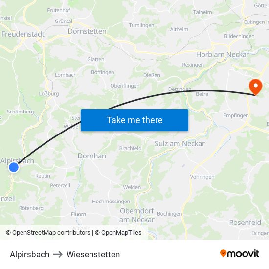 Alpirsbach to Wiesenstetten map
