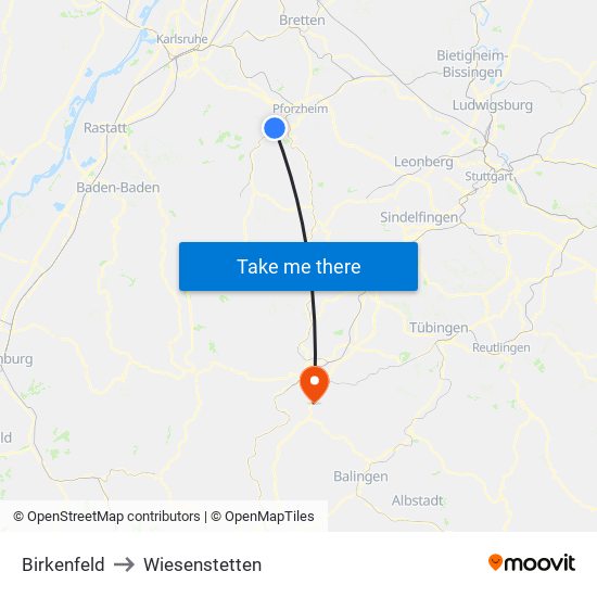 Birkenfeld to Wiesenstetten map