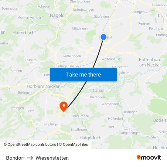 Bondorf to Wiesenstetten map