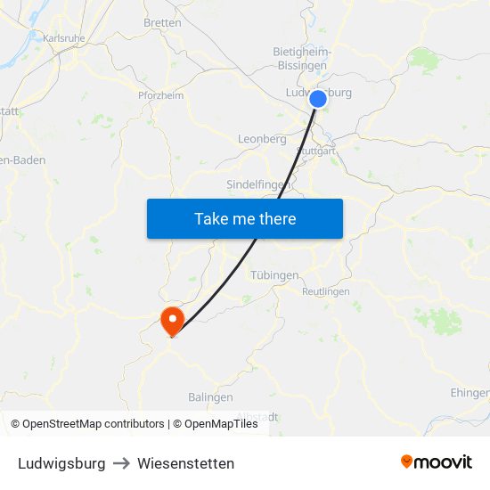 Ludwigsburg to Wiesenstetten map