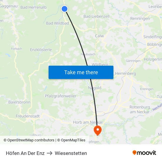 Höfen An Der Enz to Wiesenstetten map