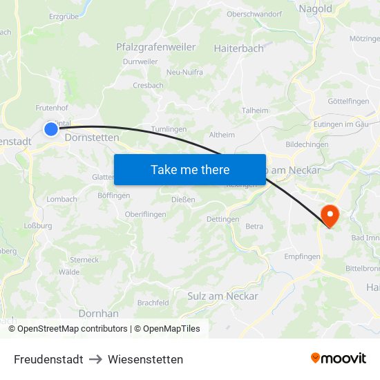 Freudenstadt to Wiesenstetten map