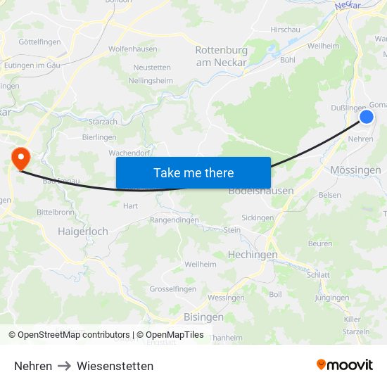 Nehren to Wiesenstetten map