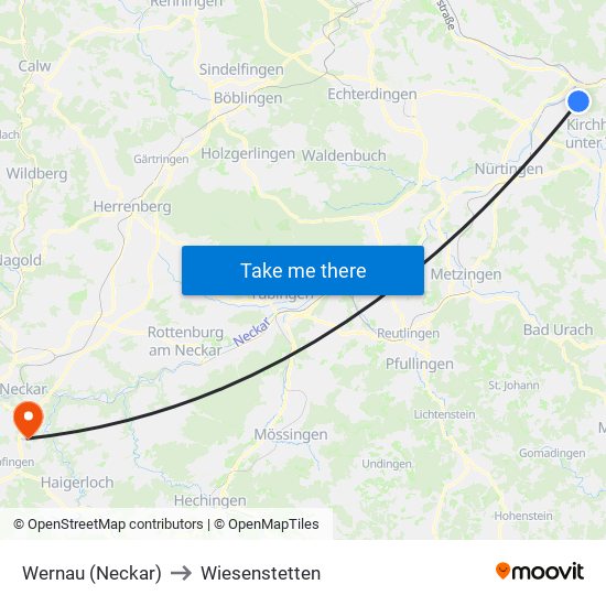 Wernau (Neckar) to Wiesenstetten map