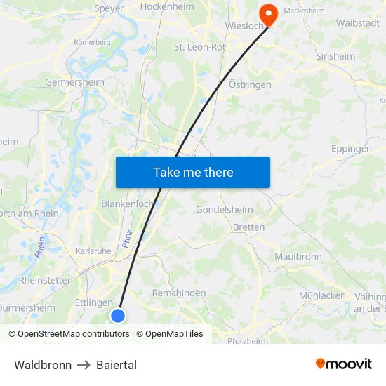 Waldbronn to Baiertal map