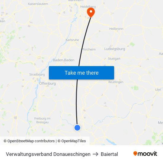 Verwaltungsverband Donaueschingen to Baiertal map