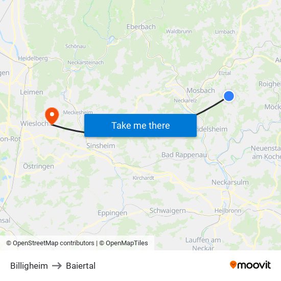 Billigheim to Baiertal map