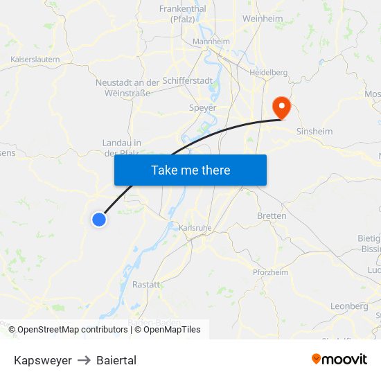 Kapsweyer to Baiertal map
