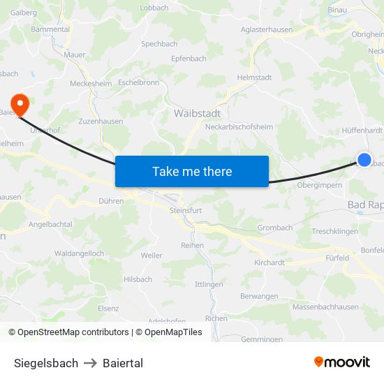Siegelsbach to Baiertal map
