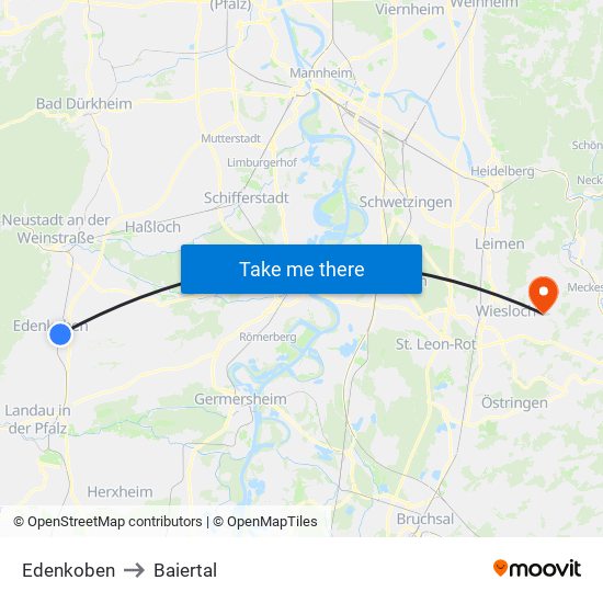 Edenkoben to Baiertal map