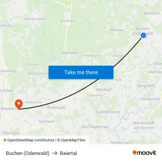 Buchen (Odenwald) to Baiertal map