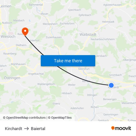 Kirchardt to Baiertal map
