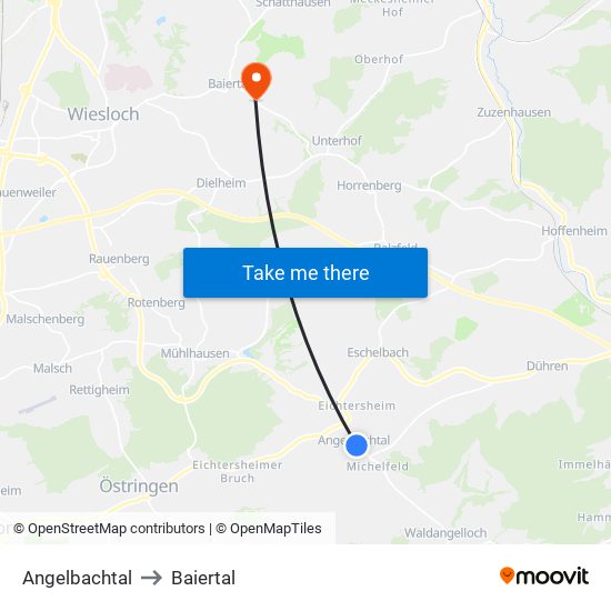 Angelbachtal to Baiertal map