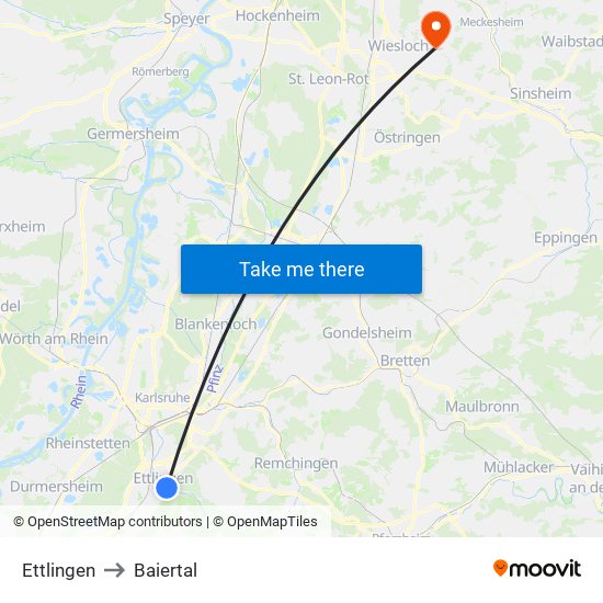 Ettlingen to Baiertal map