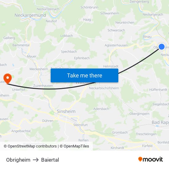 Obrigheim to Baiertal map