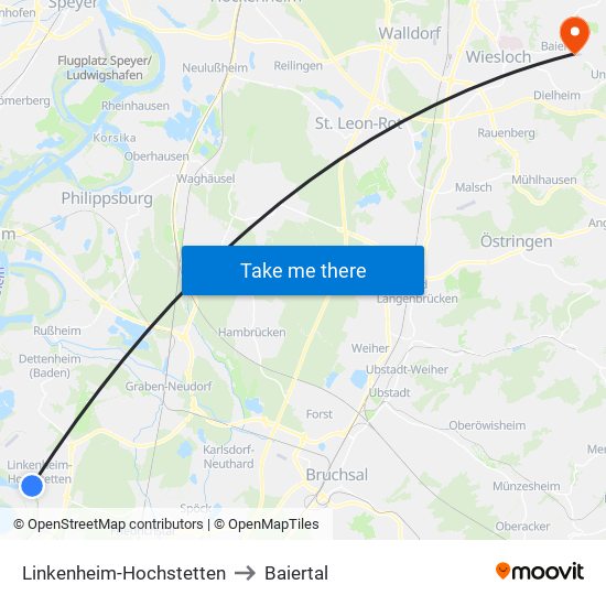 Linkenheim-Hochstetten to Baiertal map