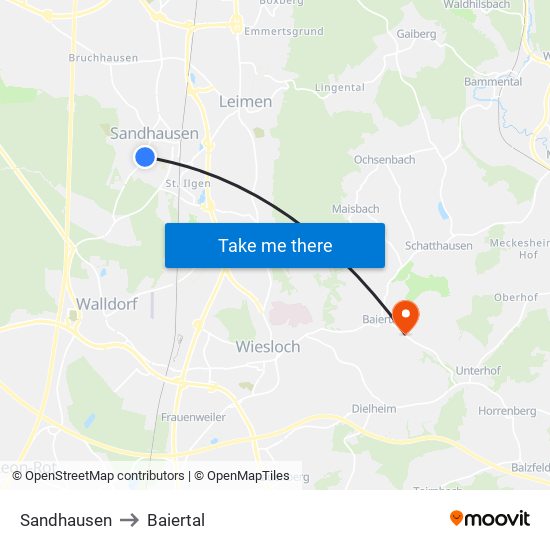 Sandhausen to Baiertal map