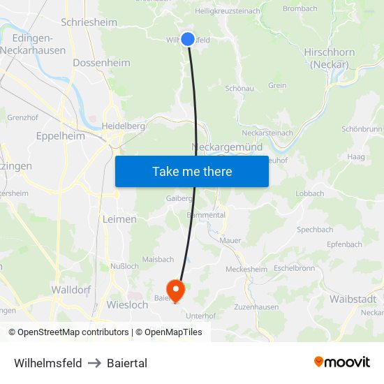 Wilhelmsfeld to Baiertal map