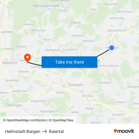Helmstadt-Bargen to Baiertal map
