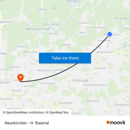 Neunkirchen to Baiertal map