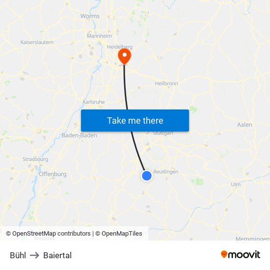 Bühl to Baiertal map