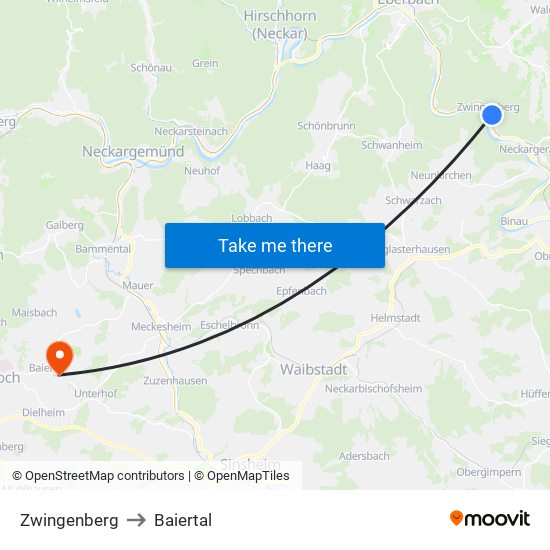 Zwingenberg to Baiertal map