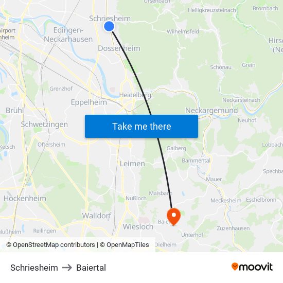 Schriesheim to Baiertal map
