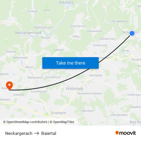 Neckargerach to Baiertal map