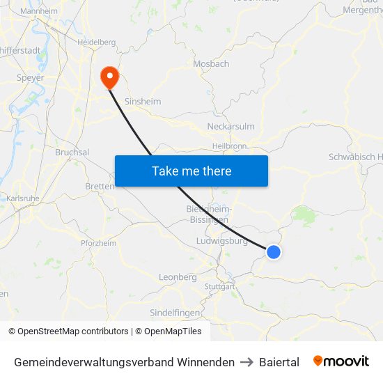 Gemeindeverwaltungsverband Winnenden to Baiertal map