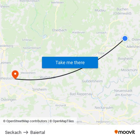 Seckach to Baiertal map