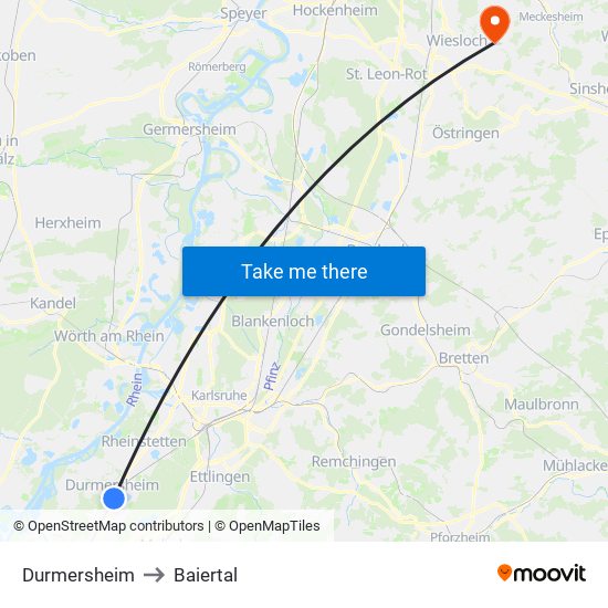 Durmersheim to Baiertal map