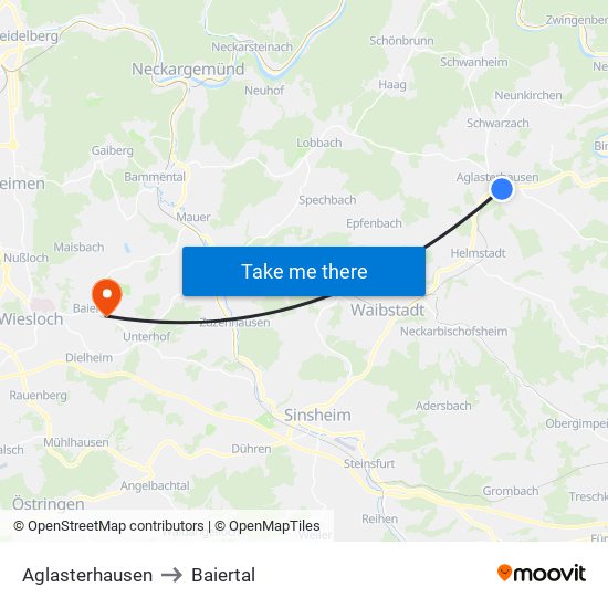 Aglasterhausen to Baiertal map