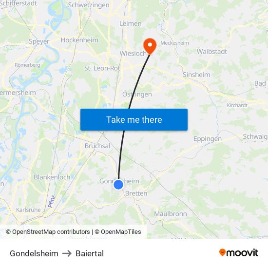 Gondelsheim to Baiertal map