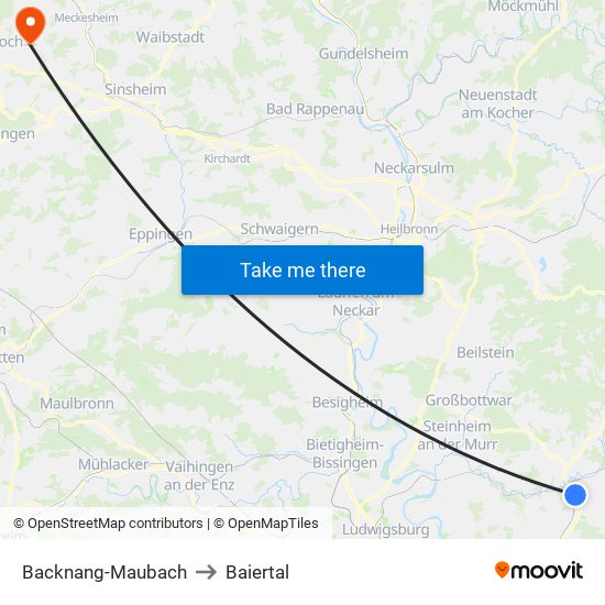 Backnang-Maubach to Baiertal map