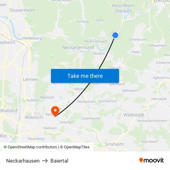 Neckarhausen to Baiertal map