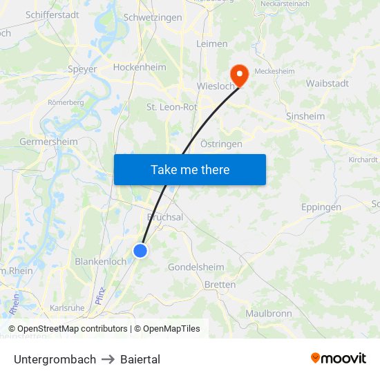 Untergrombach to Baiertal map